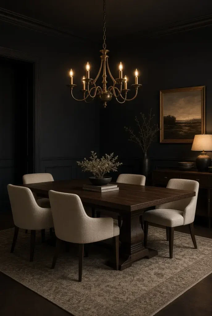 Moody dining room with deep charcoal walls and warm brass lighting.