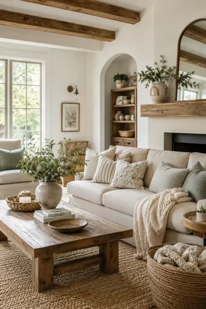 Farmhouse living room with creamy white walls, beige furniture, warm wood accents, and soft neutral colors.