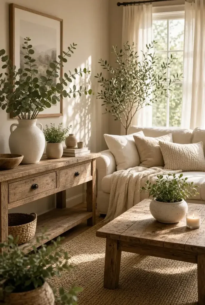 Farmhouse living room decorated with eucalyptus, potted plants, and natural greenery in neutral decor.