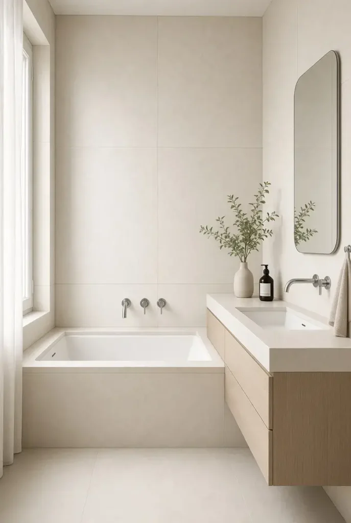  Large frameless mirror making a small bathroom with tub feel more spacious.