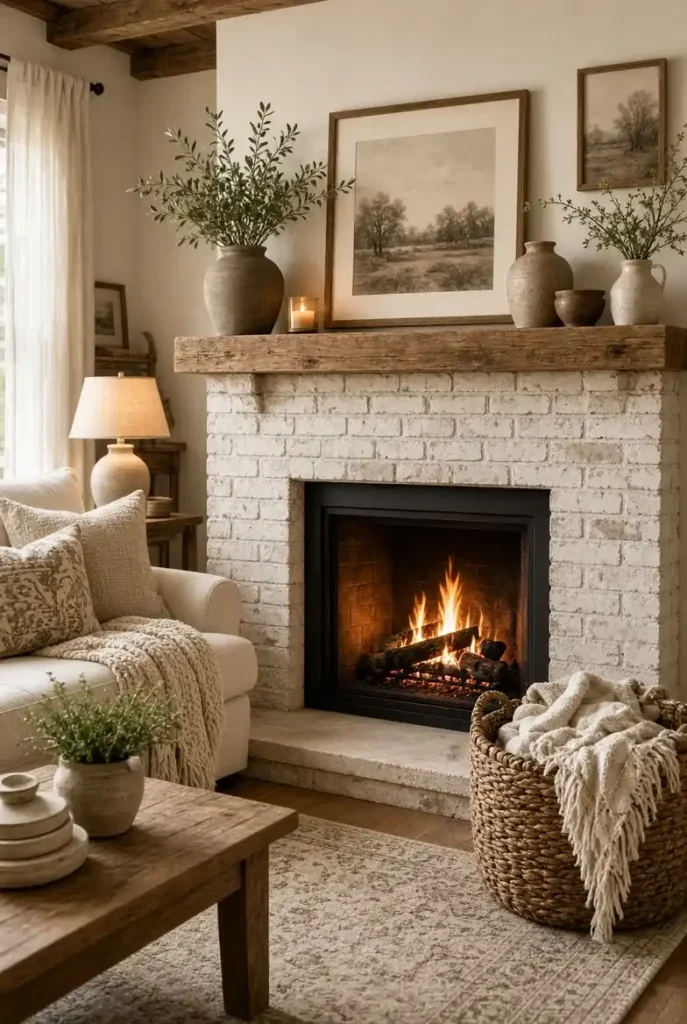 Cozy farmhouse living room with a white brick fireplace, reclaimed wood mantel, and warm neutral decor.