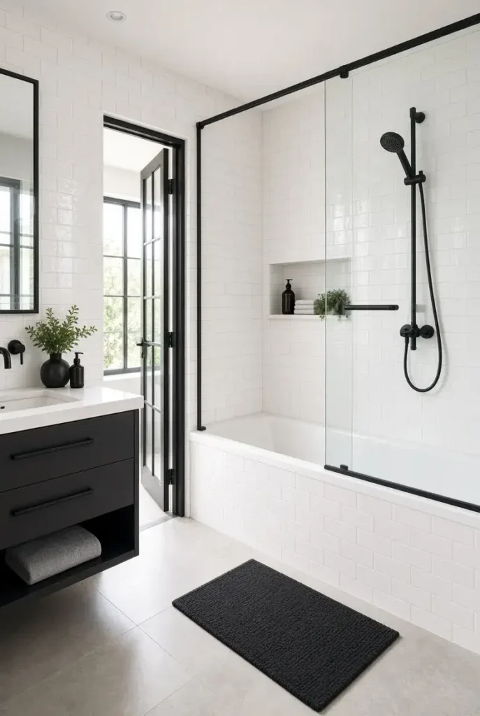 Small bathroom with a white tub and clear glass enclosure.