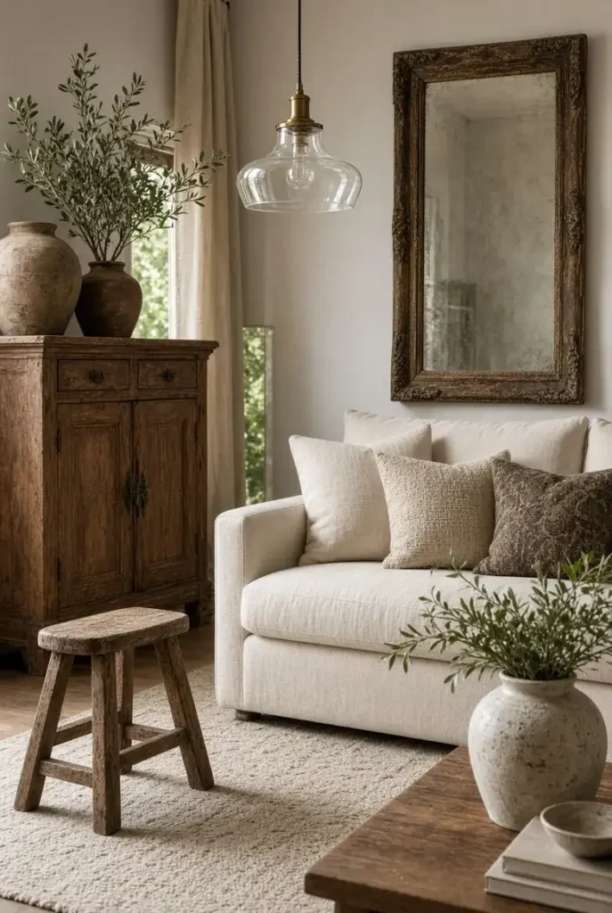 Modern farmhouse living room mixing a cream sofa with vintage furniture, antique decor, and rustic accents.