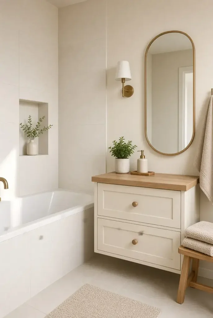 Minimalist small bathroom with a clean white tub and simple intentional decor.