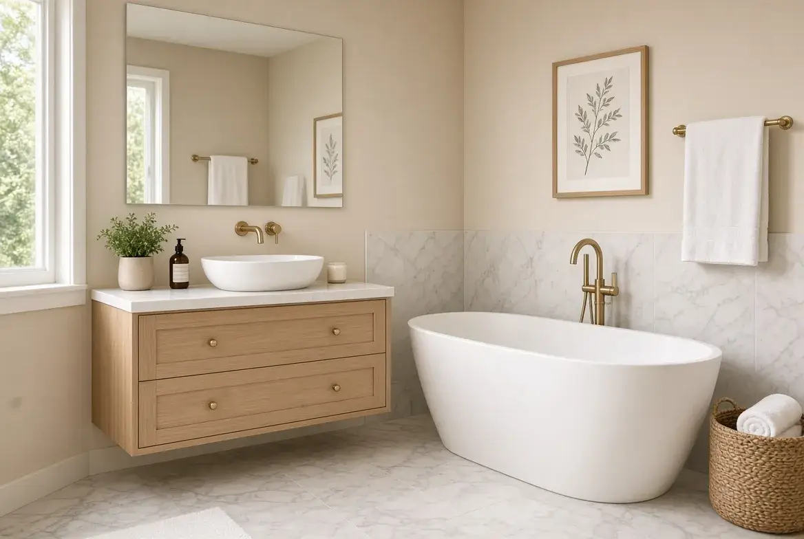 Small elegant bathroom with a white bathtub and space-saving decor ideas.