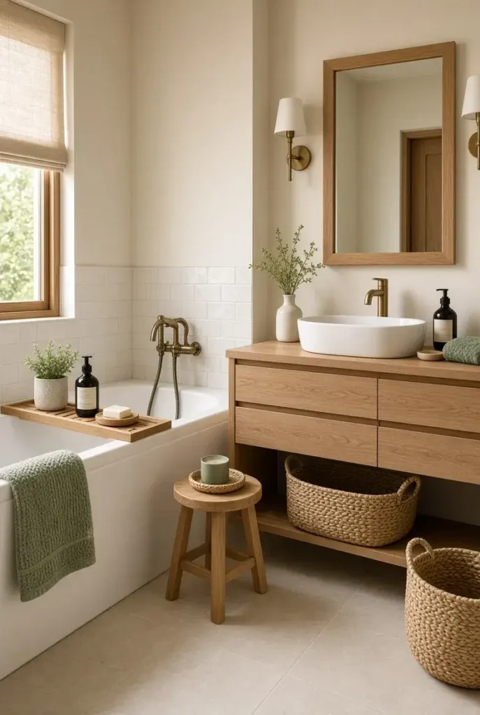 Small bathroom with bathtub and warm natural wood accents.