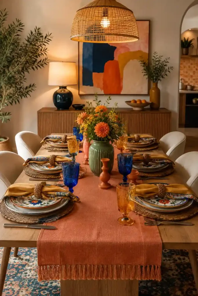 Colorful dining table decorated with plates flowers and napkins