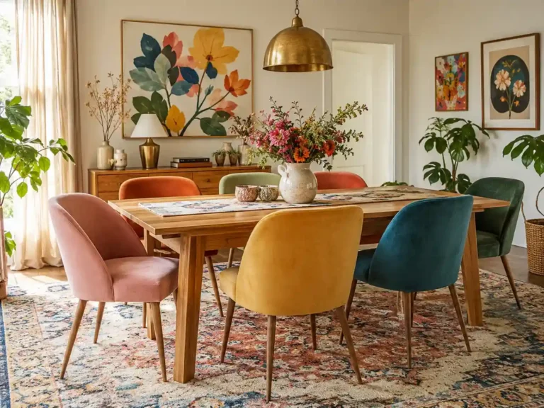 Colorful dining room with vibrant chairs, patterned rug, flowers, and warm decor
