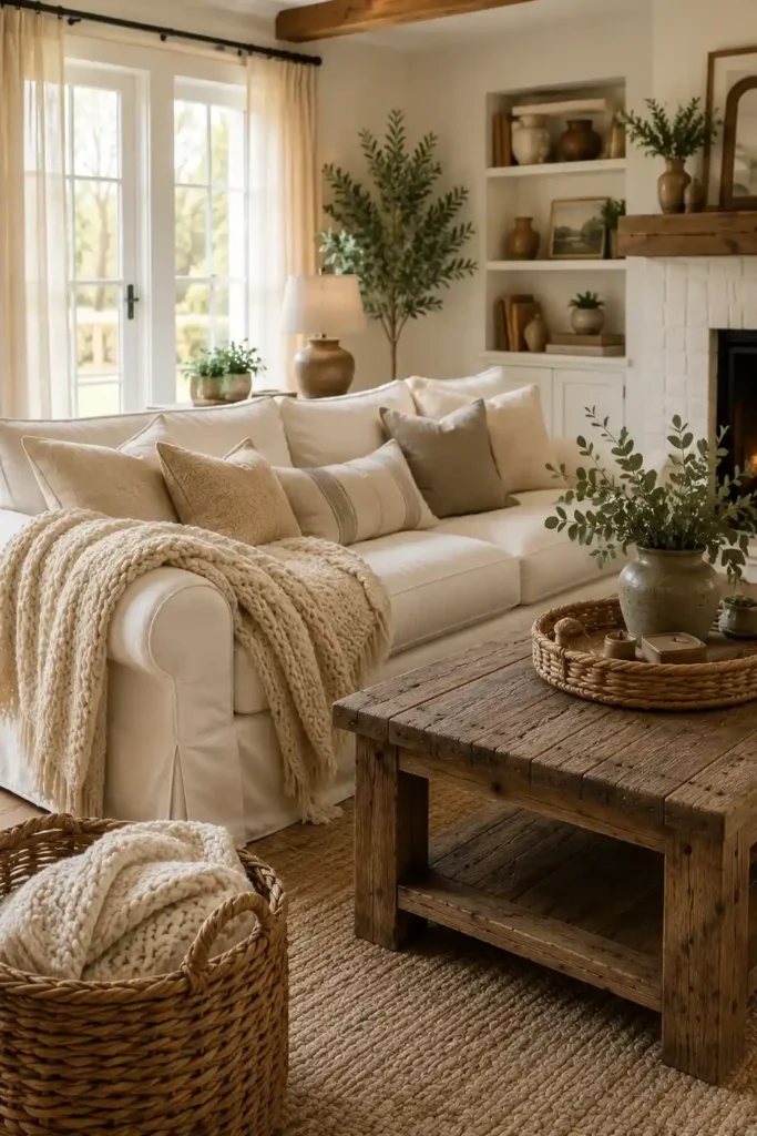 Comfortable ivory slipcovered sofa styled with linen pillows and cozy farmhouse living room decor.