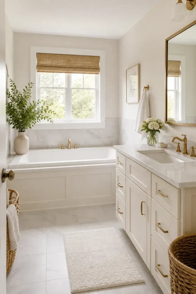 Bright small bathroom with white tub and soft neutral colors.