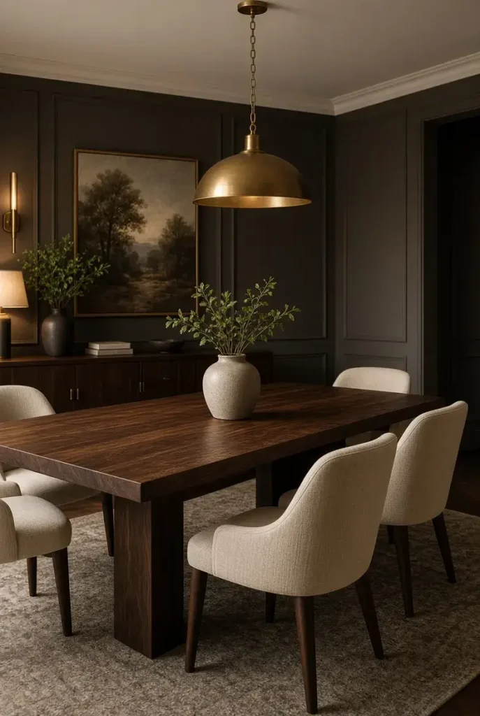 Dark walnut dining table in a warm and elegant moody dining room.