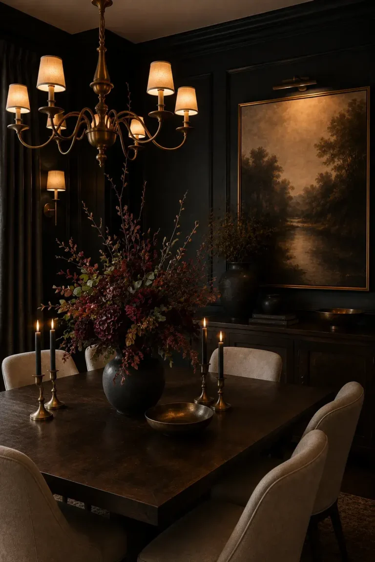 Moody dining room with dark wood furniture, charcoal walls, warm lighting, and elegant decor.