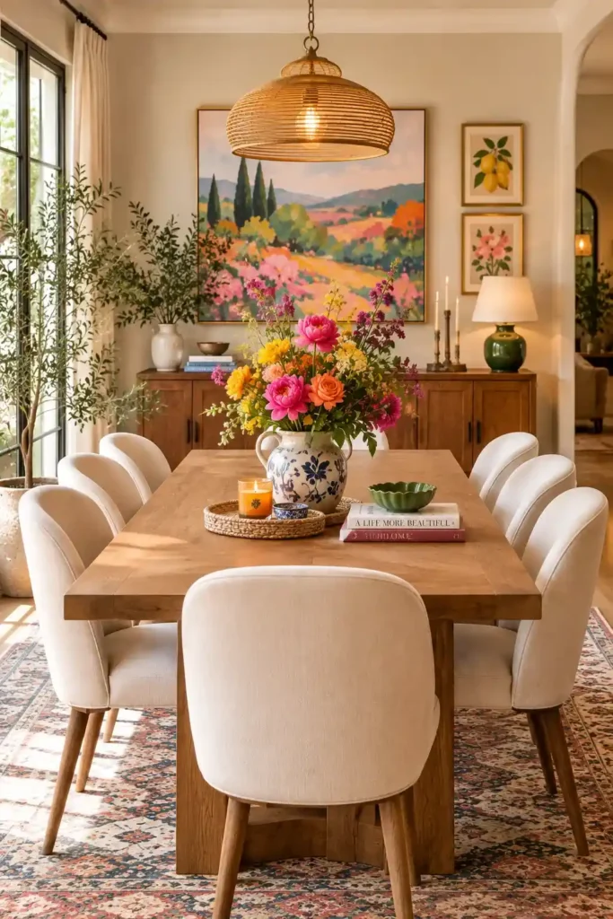 Colorful floral arrangement decorating a dining room table