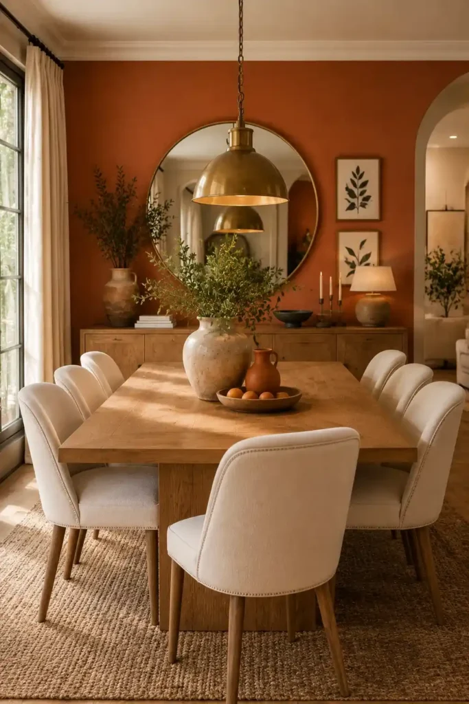 Terracotta accent wall creating a colorful dining room