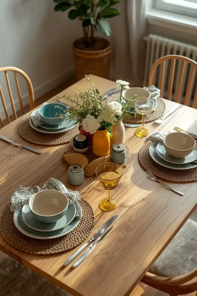 Mixed colorful ceramic tableware on a dining table
