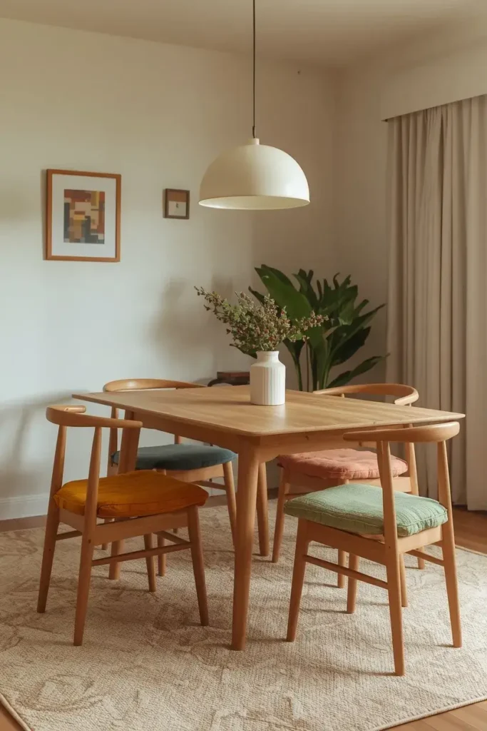 Colorful seat cushions adding personality to dining chairs