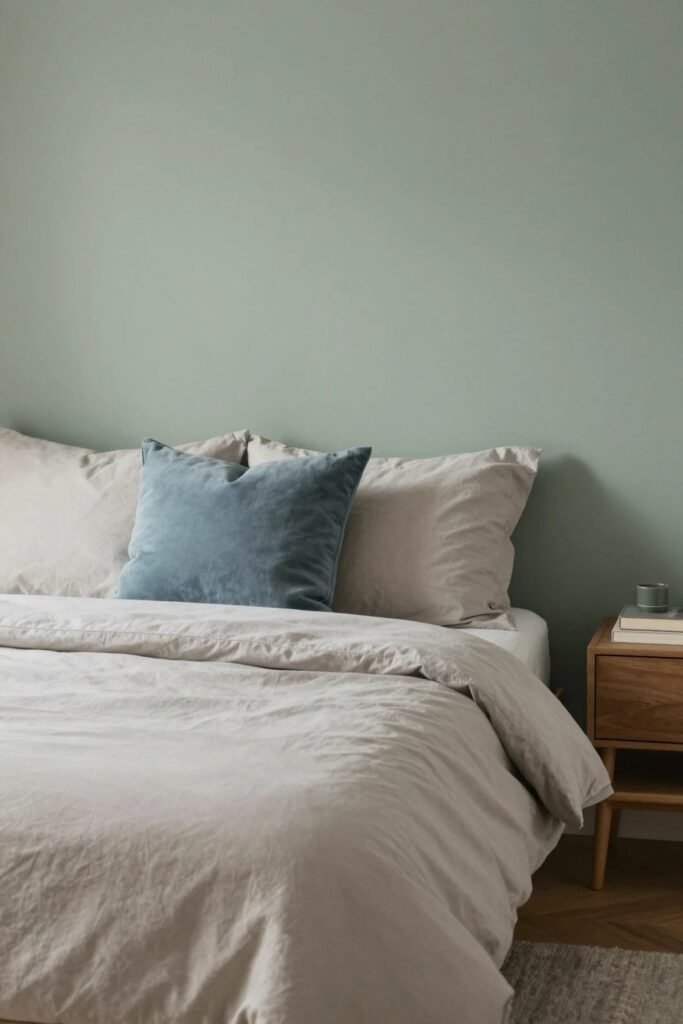 Neutral sage and greige color palette for a calming guest room
