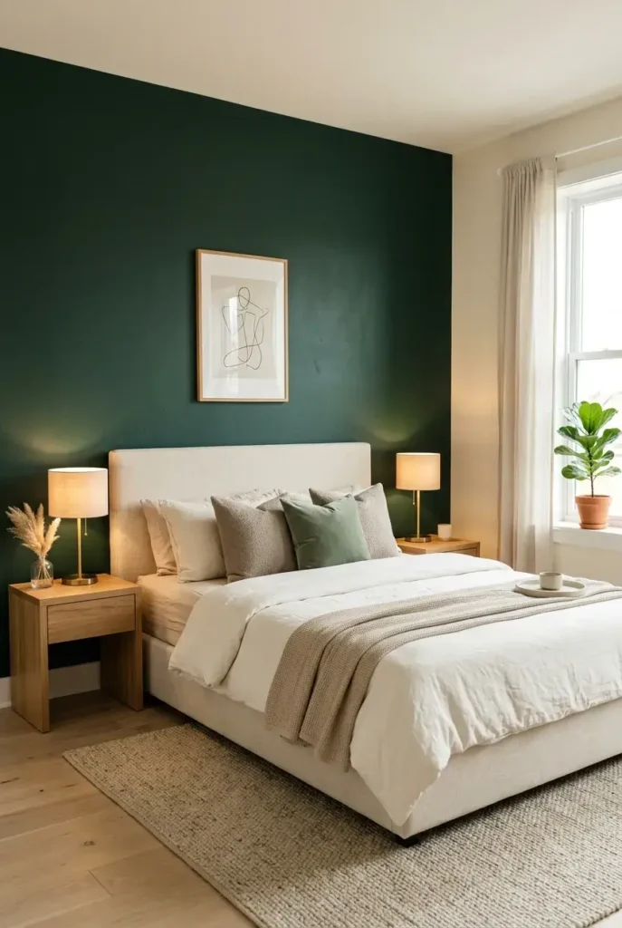 Bedroom with a deep green statement wall, cream bedding, wooden furniture, and warm lighting.