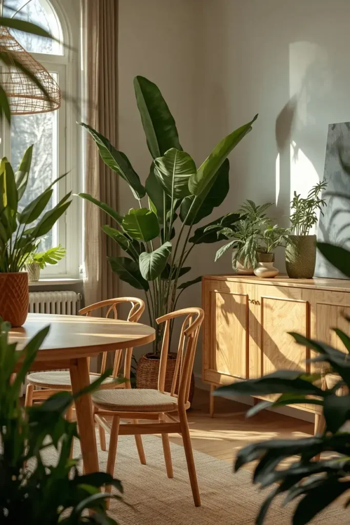 Green plants adding natural color and freshness to a dining room