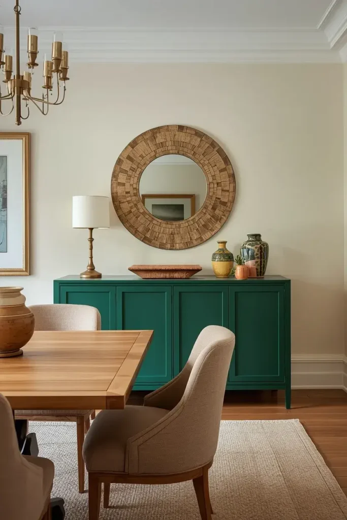 Emerald green sideboard adding bold color to a dining room