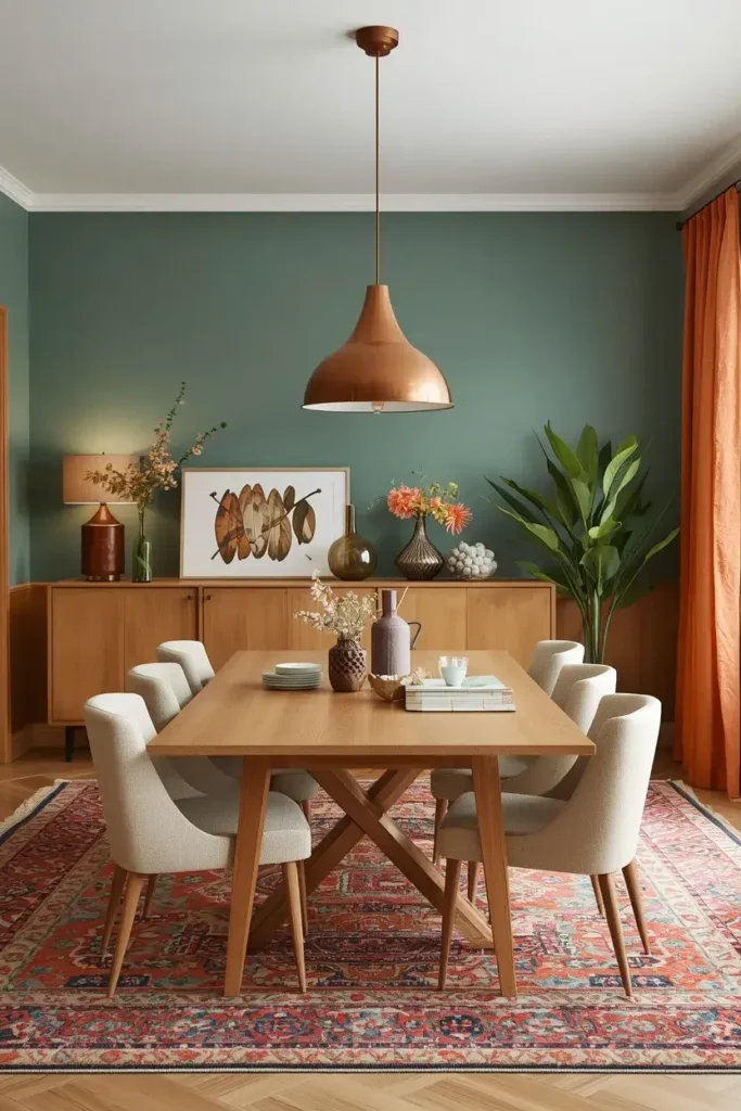 Dining room combining terracotta mustard teal and sage green