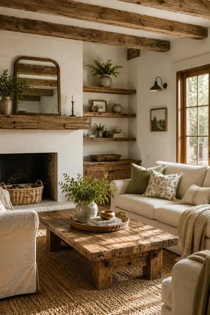 Warm farmhouse living room featuring exposed wooden beams, reclaimed wood furniture, and neutral decor.