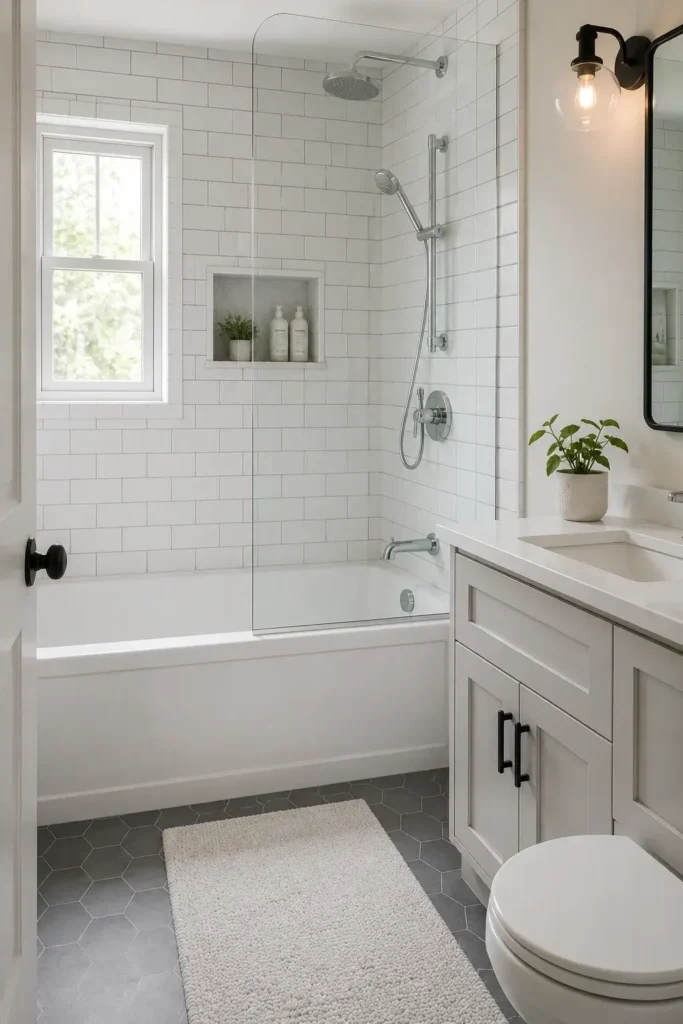 Small bathroom featuring a white tub and clear glass shower combination.