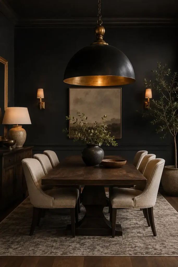 Dramatic pendant light illuminating a cozy dark dining room.