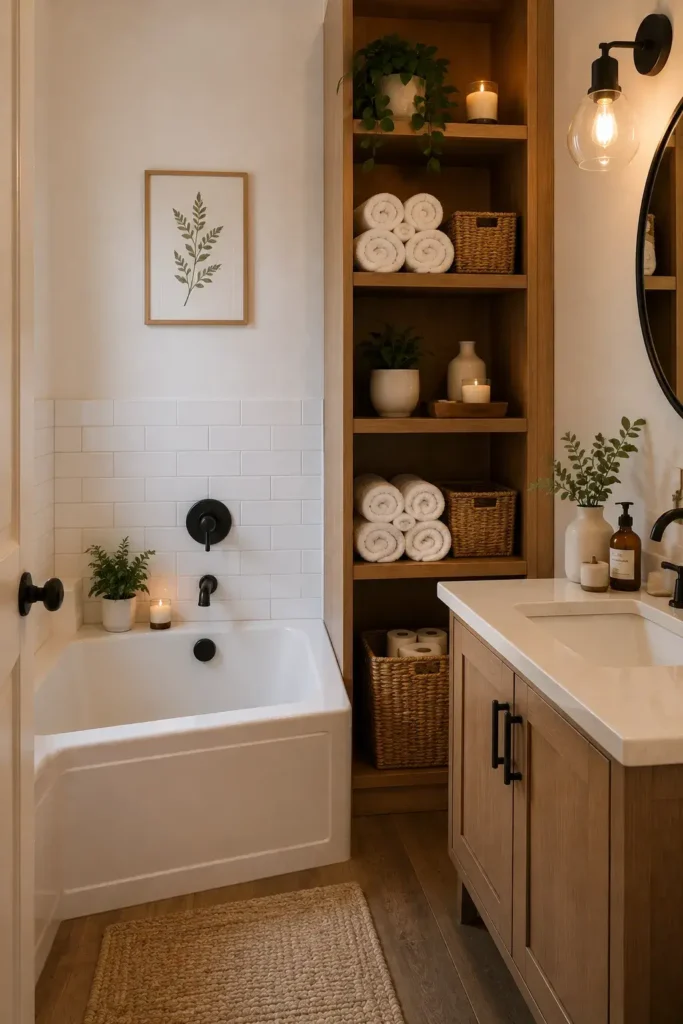 Vertical wooden storage shelves beside a bathtub in a small bathroom.