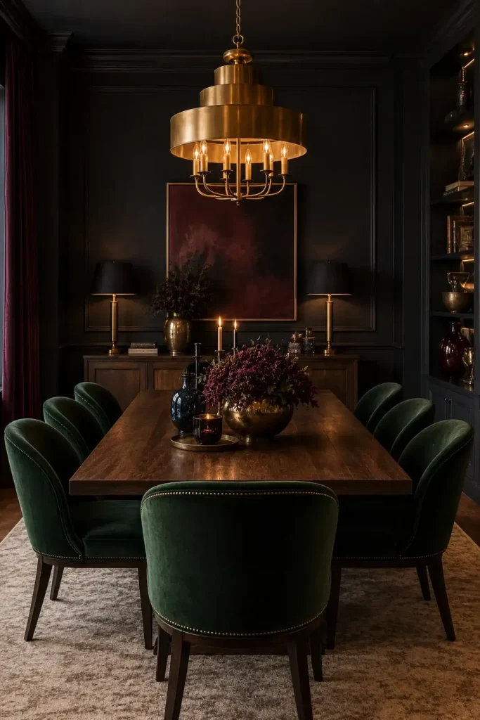 Moody dining room with emerald velvet chairs and rich jewel-tone accents.