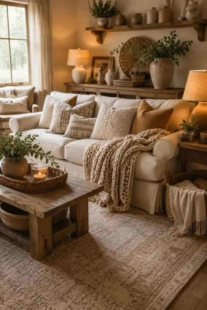 Cozy farmhouse living room with layered pillows, soft throws, warm lighting, and natural textures.