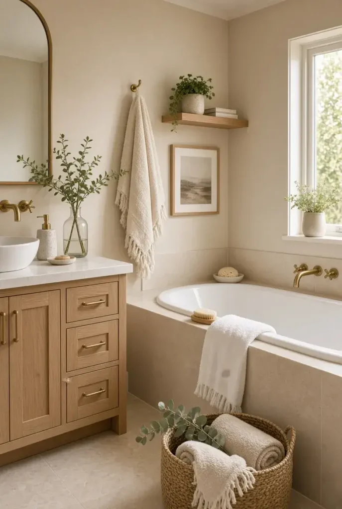 Cozy neutral small bathroom with a white bathtub and warm wood accents.