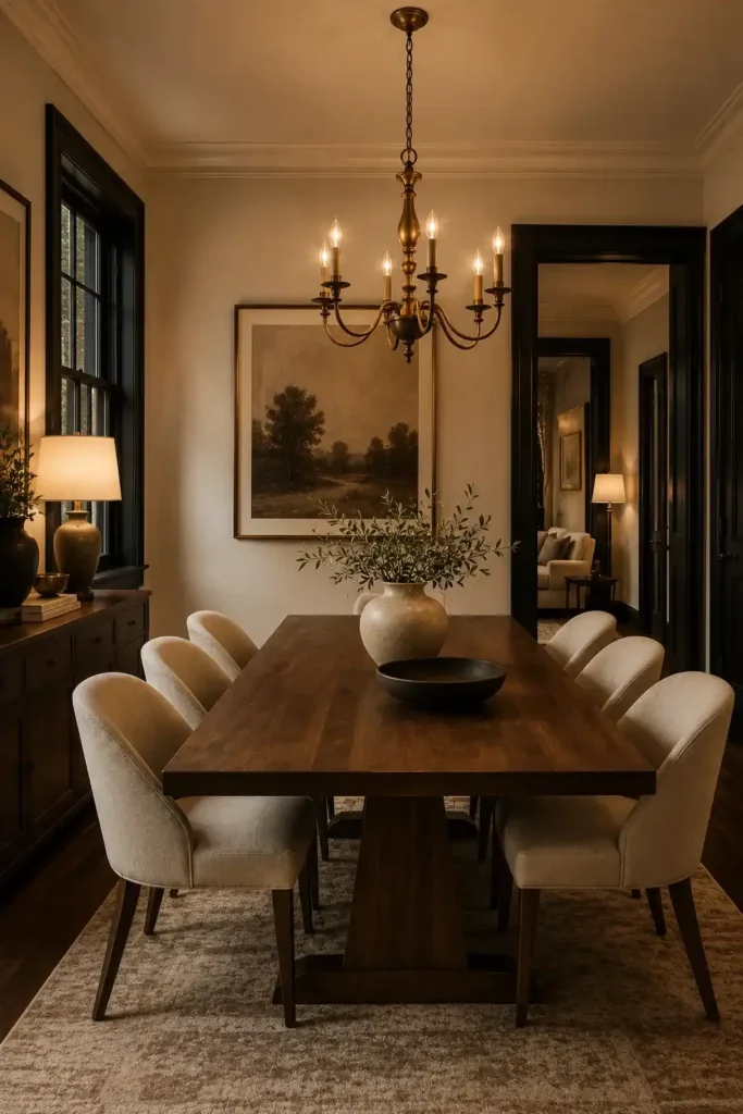 Dining room with black trim, cream walls, and warm wood furniture.