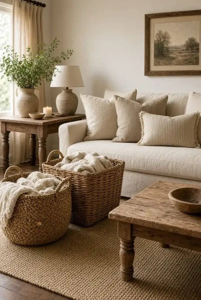 Farmhouse living room decorated with woven baskets for blanket storage and natural texture.