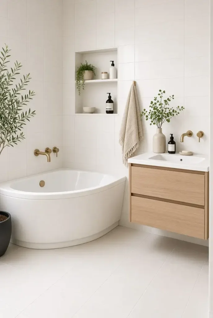 Compact corner bathtub designed to save space in a small bathroom.