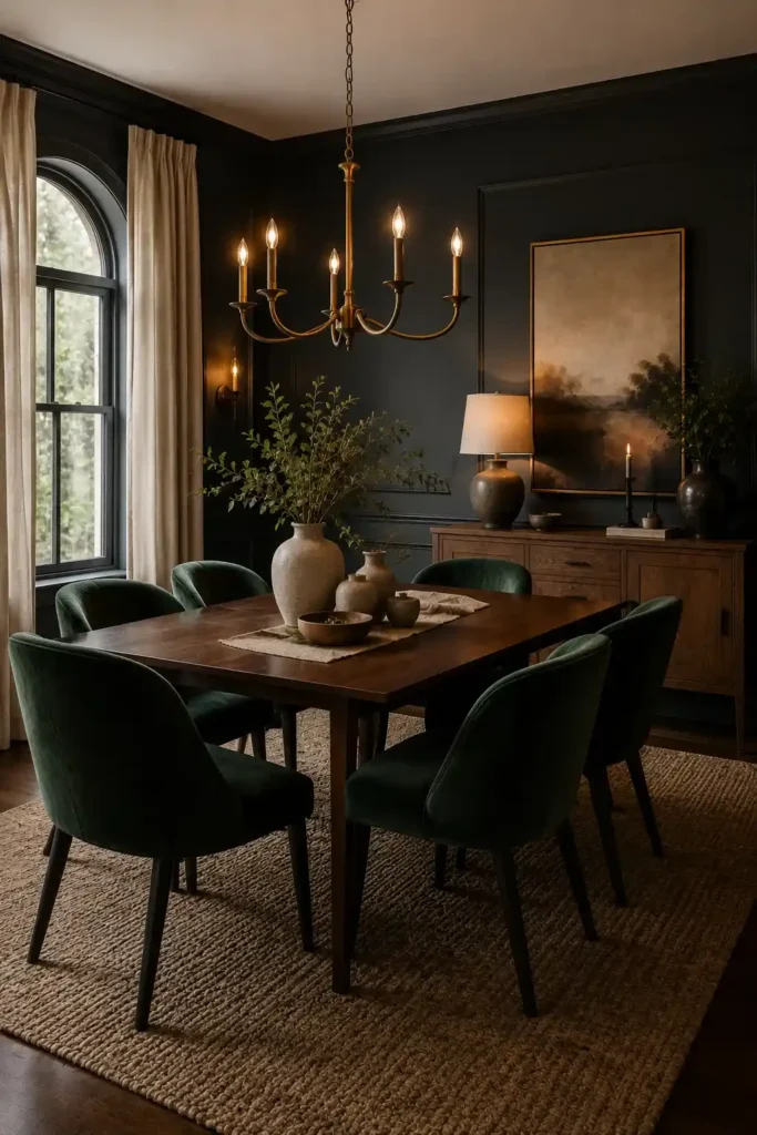 Moody dining room with forest green velvet dining chairs and layered textures.