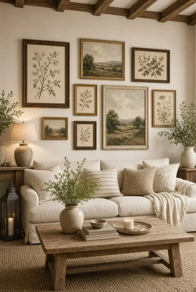 Farmhouse living room with botanical wall art, vintage-inspired frames, and soft neutral furniture.