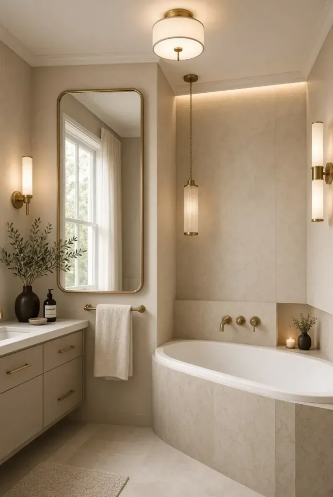 Small bathroom tub area with warm layered lighting and a large mirror.