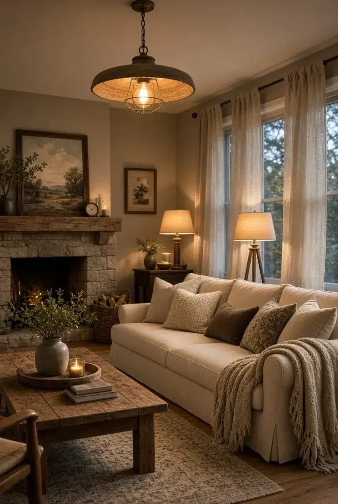 Farmhouse living room with warm layered lighting, glowing lamps, and cozy neutral decor.