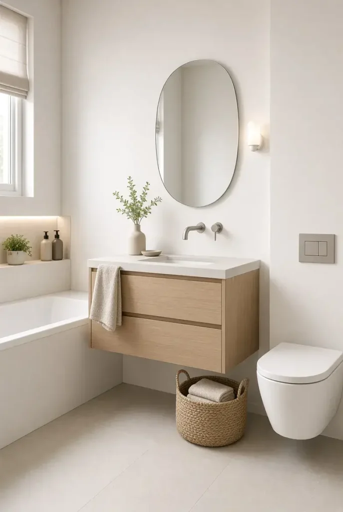 Small bathroom with floating vanity and wall-mounted fixtures beside a tub.