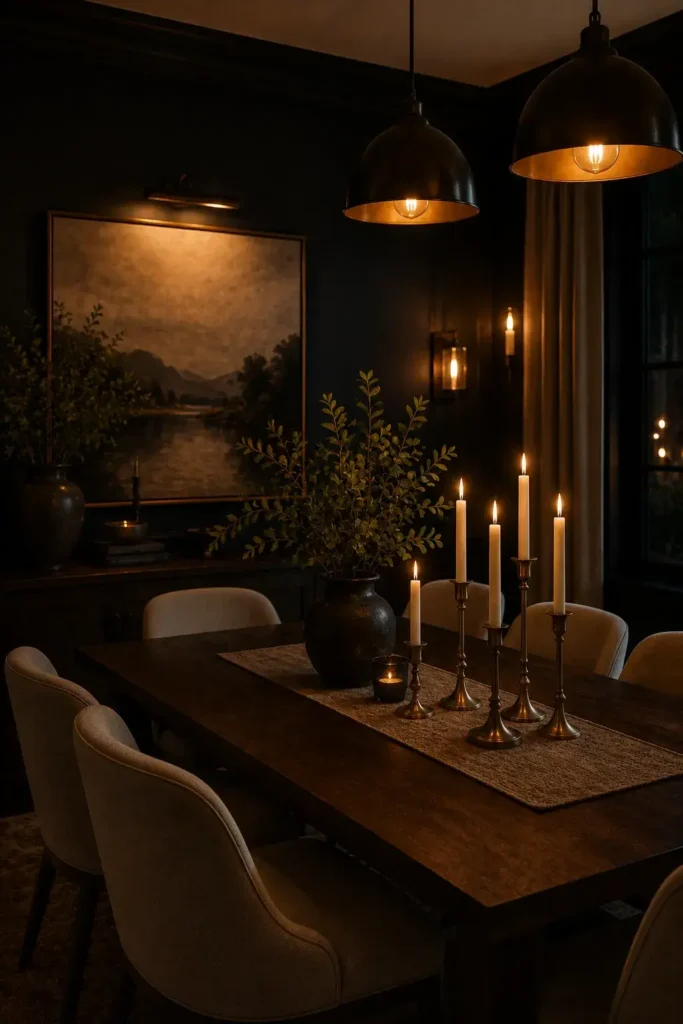 Cozy moody dining table decorated with warm glowing candles.