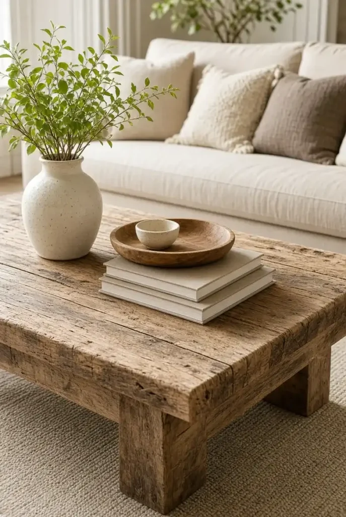 Rustic reclaimed wood coffee table styled with greenery and books in a cozy farmhouse living room.