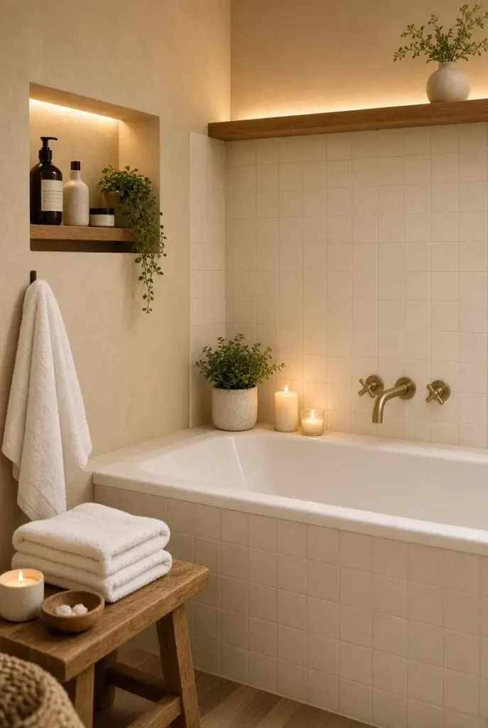 Spa-inspired bathtub nook with candles, towels, and warm neutral decor.
