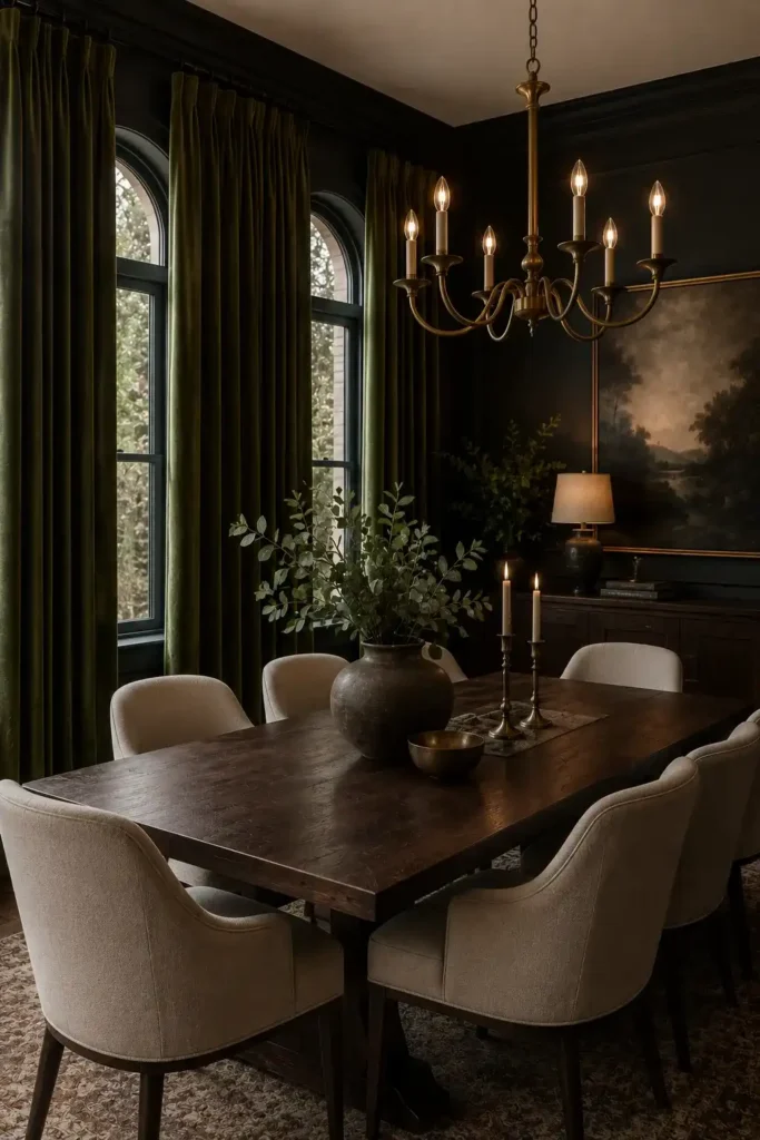 Moody dining room with dramatic floor-length olive curtains.