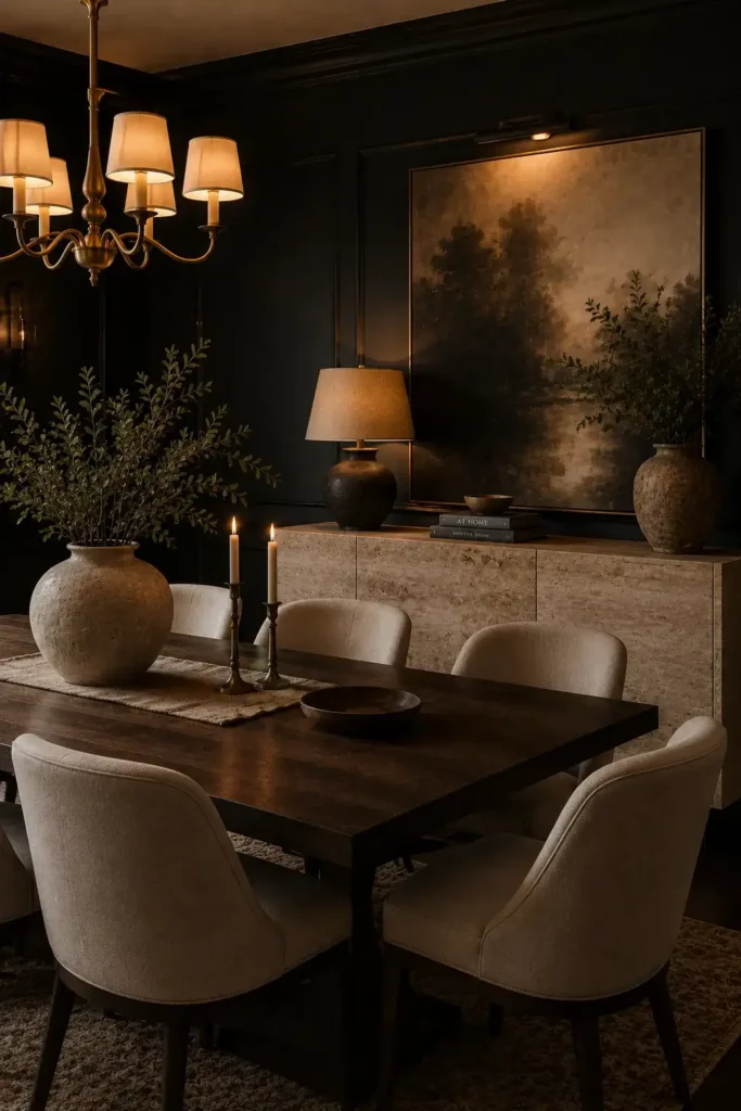 Moody dining room with natural stone, dark wood, and warm lighting.