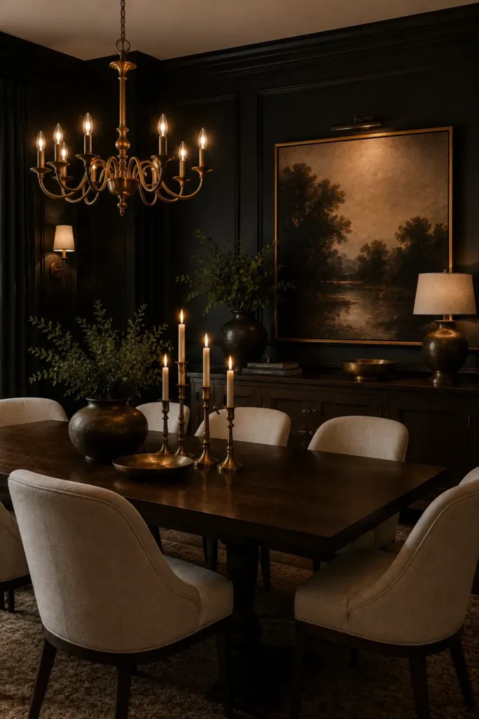 Moody dining room decorated with elegant antique brass accents.