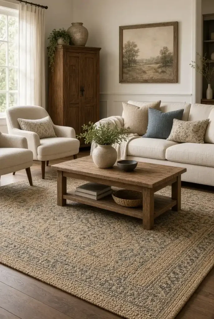 Farmhouse living room with a large textured area rug connecting neutral seating and rustic wood furniture.