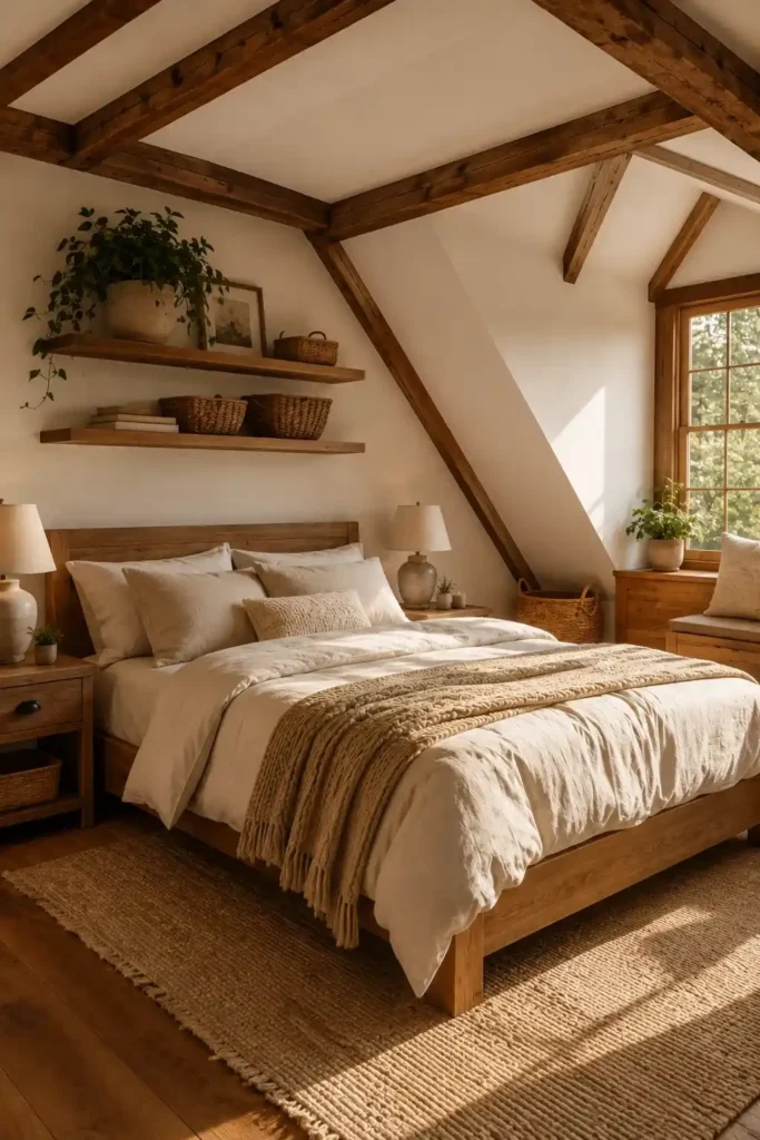 Attic bedroom decorated with natural wood furniture and exposed beams