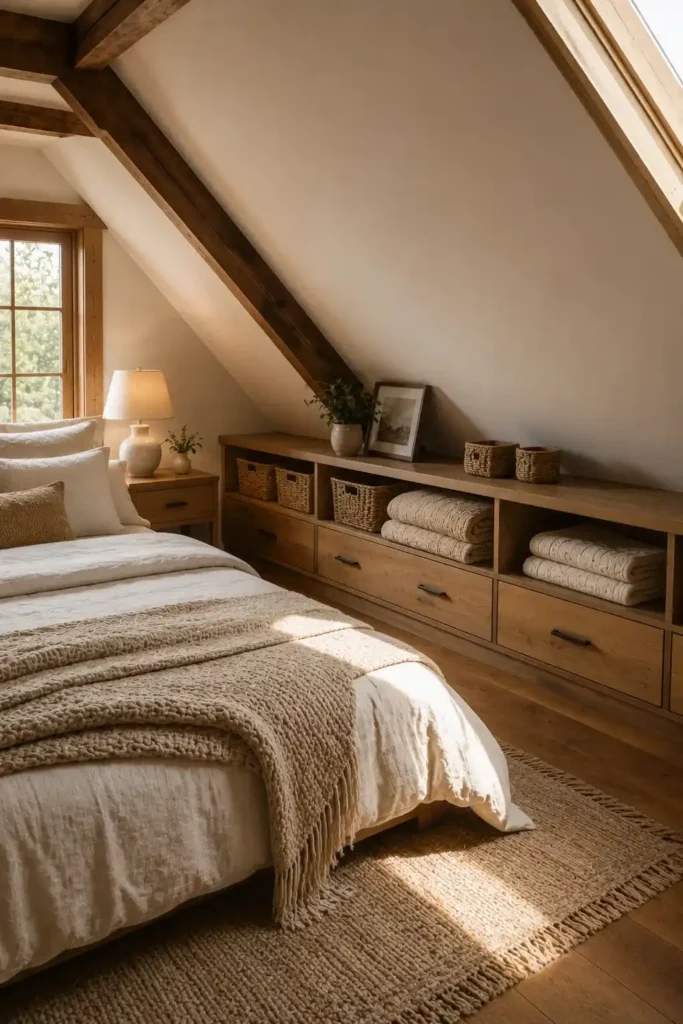 Attic bedroom using built-in storage beneath the sloped eaves