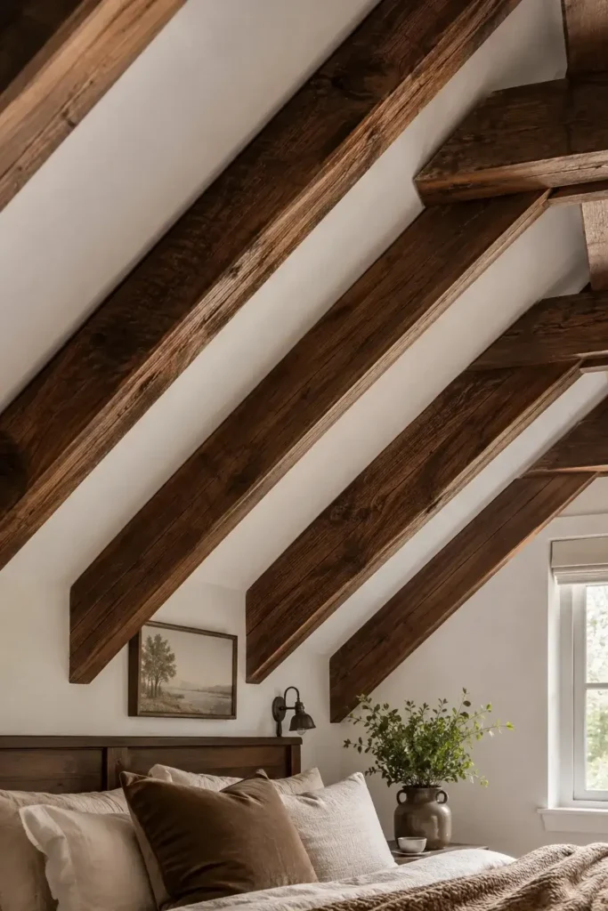 Attic bedroom with exposed wood beam ceiling design